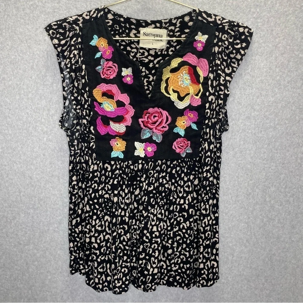 Savanna Jane Notch Neck Boho Leopard Print with Floral Embroidery in Black